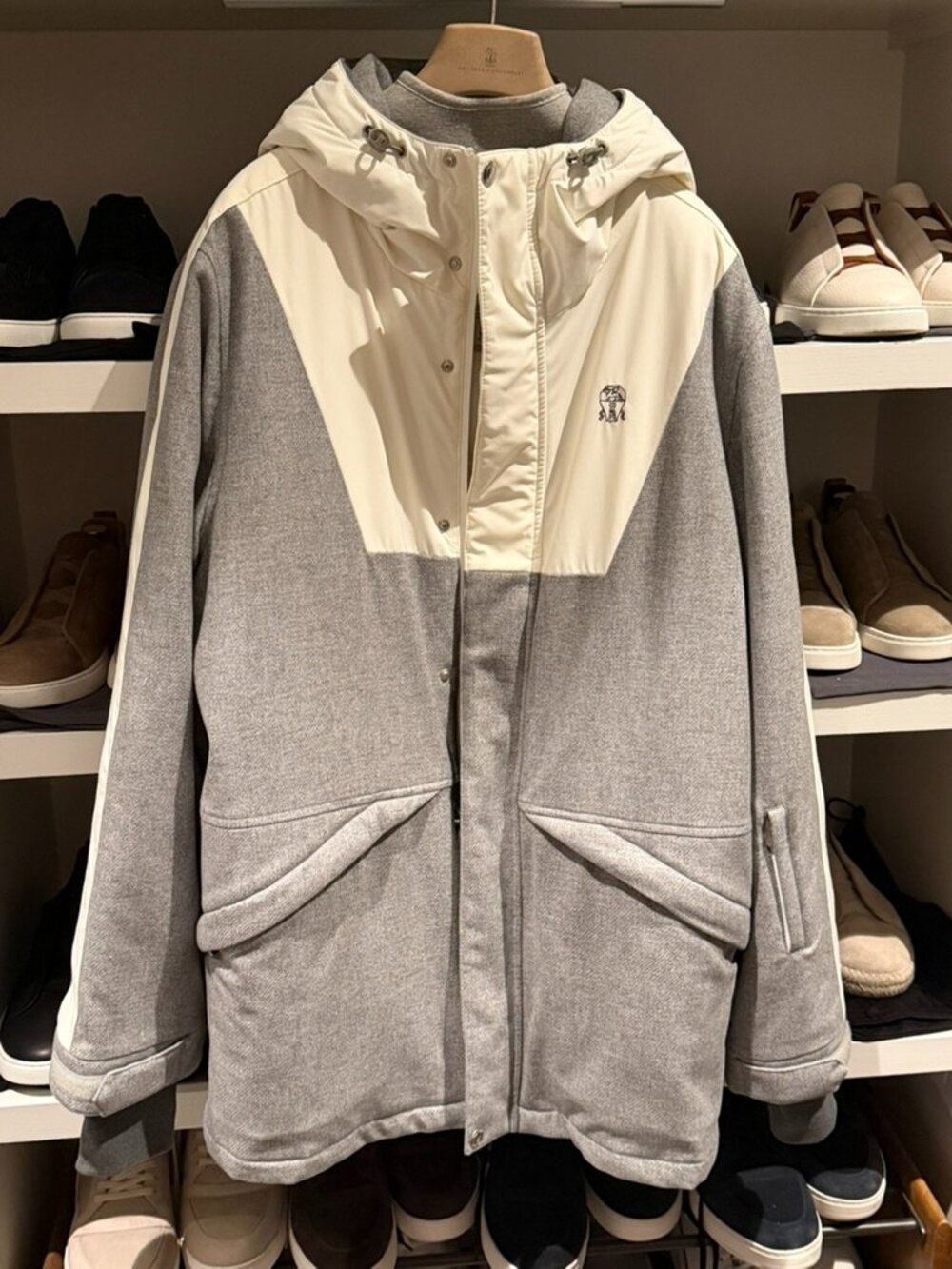 Brunello Cucinelli Grey and White Ski Jacket in Wool/Cashmere/Silk, men's size M